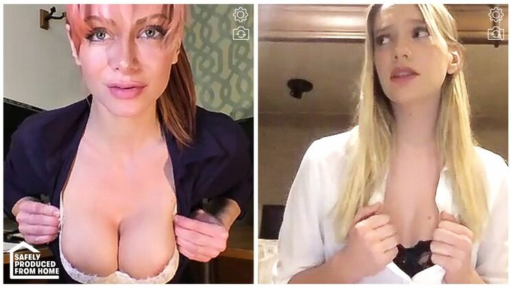 Lingerie Lesbians Working Remotely