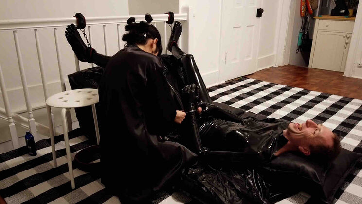 Giggling Sub Rei Bound in Latex & Handcuffs