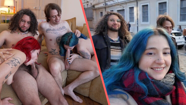 Bisexual Foursome With Strap-on, Dildo, and Double Blowjob